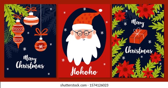 Set of Merry Christmas greeting cards template design. Hand drawn illustration