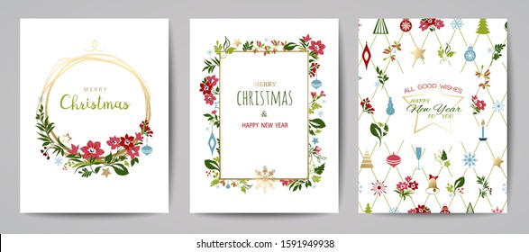 Set of Merry Christmas greeting cards. Hand drawn vector illustration. Winter theme greeting card, invitation, flyer, brochure, cover in vector