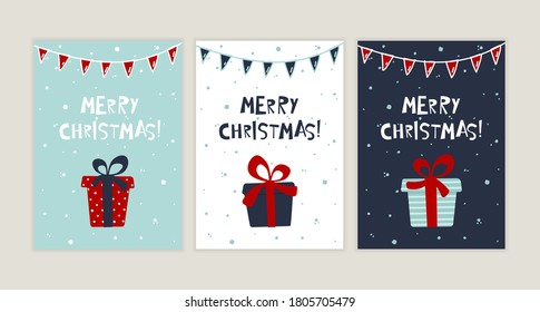 Set of Merry Christmas greeting cards design. Fun festive postcard with gifts, garlands and hand drawn lettering