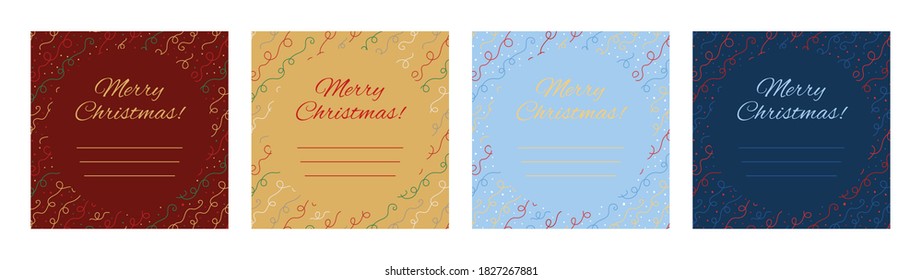Set of Merry Christmas greeting cards with confetti and text. Square winter holiday art templates.