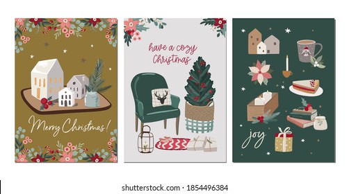 Set of Merry Christmas greeting cards in traditional colors, vertical banners, flyers,invitations. Happy Holidays and New Year cards with christmas florals and winter season object