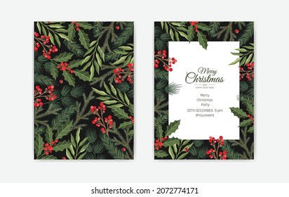 Set of Merry Christmas greeting cards, vertical banners, flyers, invitations. Happy New Year, Happy Holidays cards with christmas florals and winter objects