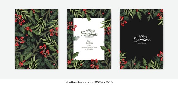 Set of Merry Christmas greeting cards, vertical banners, flyers, invitations. Happy New Year, Happy Holidays cards with christmas florals and winter objects