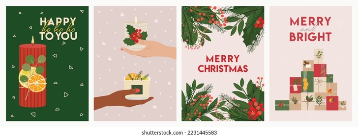 Set of Merry Christmas greeting cards with candles, hands, gifts, greenery and lettering wishes. New Year, Christmas templates, invitations. Zero waste eco gifts. Hand drawn vector illustration. 