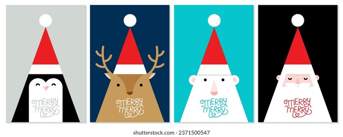 Set of Merry Christmas greeting cards design. With Christmas characters holding gift boxes. Vector illustration