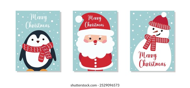 Set of Merry Christmas greeting cards with cute Santa Claus penguin and snowman and hand drawn lettering. Vector.
