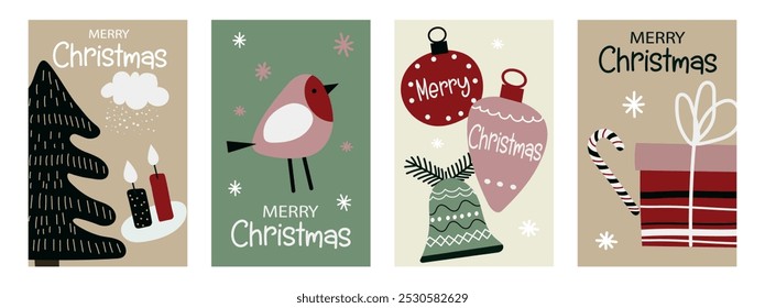 Set of Merry Christmas greeting cards. Modern Xmas design with typography and Christmas illustrations. Gifts, christmas tree,  christmas decorations, candles, bird. Minimal banner, poster, cover temp