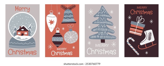 Set of Merry Christmas greeting cards. Modern Xmas design with typography and Christmas illustrations. Gifts, christmas tree, christmas decorations, skates. Minimal banner, poster, cover templates.