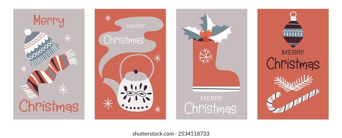 Set of Merry Christmas greeting cards. Modern Xmas design with typography and Christmas illustrations.Gifts, christmas tree, christmas decorations, skates. Minimal banner, poster, cover templates.