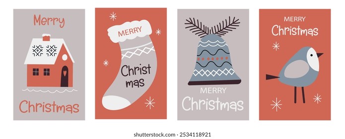 Set of Merry Christmas greeting cards. Modern Xmas design with typography and Christmas illustrations.Gifts, christmas tree, christmas decorations, skates. Minimal banner, poster, cover templates.