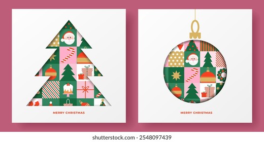 Set of Merry Christmas greeting cards, banners, covers in modern geometric style with cut paper effect  for season greetings, ads, print. Trendy Xmas layout design template