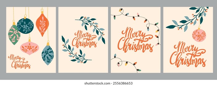 Set of Merry Christmas greeting cards in retro style. Festive season vector illustrations with Christmas decoration, baubles, garland