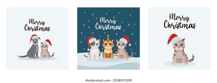 Set of Merry Christmas greeting cards. Happy holidays. Greeting concept. Ideal for print, postcard or label. New Year card. Vector illustration on a white background.