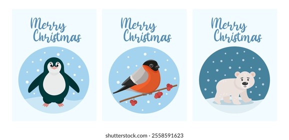 Set of Merry Christmas greeting cards. Happy holidays. Greeting concept. Ideal for print, postcard or label. New Year card. Vector illustration on a white background.