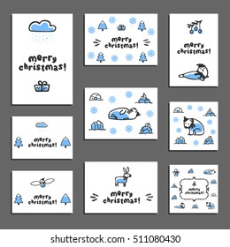 Set of merry christmas greeting cards with cute animals. Vector templates with funny reindeer, walrus, polar bear, seal, snowy owl. Childish doodle animals wear scarves