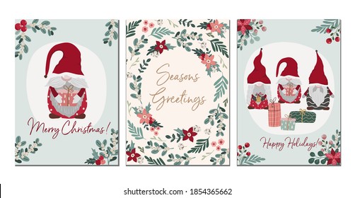 Set of Merry Christmas greeting cardswith christmas gnomes, vertical banners, flyers,invitations. Happy Holidays and New Year cards with christmas florals and winter season object