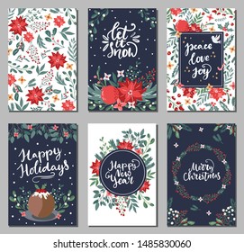 Set of Merry Christmas greeting hand drawn lettering cards in traditional colors,vertical banners, flyers,invitations. Happy New Year, Happy Holidays cards with christmas florals and winter objects