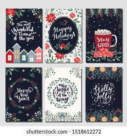 Set of Merry Christmas greeting hand drawn lettering cards in traditional colors,vertical banners, flyers,invitations. Happy New Year, Happy Holidays cards with christmas florals and winter objects