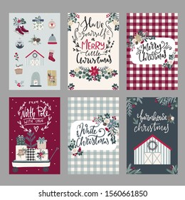 Set of Merry Christmas greeting hand drawn lettering cards in traditional farmhouse style,vertical banners, flyers,invitations. Happy New Year,  cards with christmas florals and winter objects in hand
