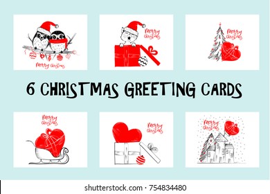 Set of Merry Christmas greetings cards hand drawn with black and red ink pens for loving holidays - Vector Illustration isolated on white