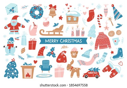 Set of Merry Christmas hand drawing objects isolated on white background. Vector flat illustration. Hand draw collection  in  Scandinavian style. winter symbols for banner, greeting card, flyer