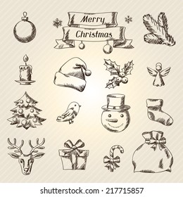 Set of Merry Christmas hand drawn icons and objects.