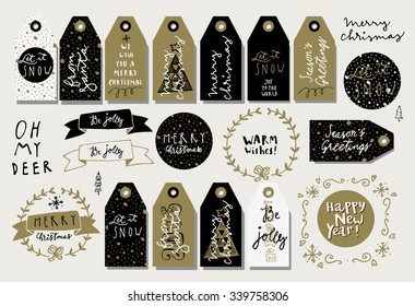 Set of Merry Christmas hand drawn vintage elements. Tags, ribbons, wreaths. Modern calligraphy. Vector. Oops, sorry, mistake in the word Christmas!