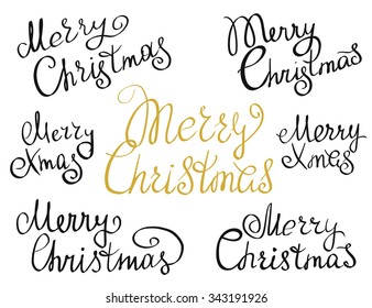 Set of Merry Christmas handmade lettering inscriptions. Design elements isolated on white background. Hand written lettering design for congratulation cards, banners and flyers