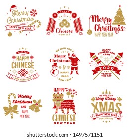 Set of Merry Christmas and happy Chinese New Year design in retro style. Vector illustration. Vintage typography design for chinese new year and xmas emblem.