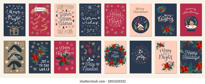 Set of Merry Christmas and Happy Holidays vintage hand drawn greeting cards, gift tags, postcards, posters. Calligraphic typography artwork. EPS10 vector illustration