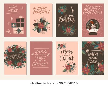 Set of Merry Christmas and Happy Holidays vintage hand drawn greeting cards, gift tags, postcards, posters in neutral colors. Calligraphic typography artwork