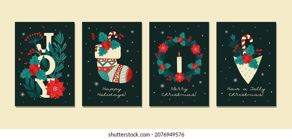 Set of merry Christmas and Happy Holidays greeting cards. Universal trendy holidays templates. Vector flat illustrations of plants, mistletoe, candy, wreath, sock, gift, flowers and pine branch.