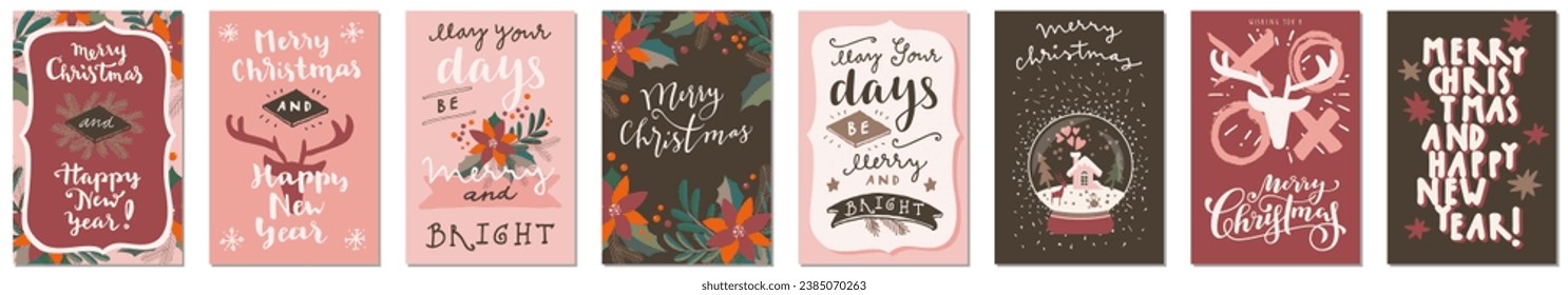 Set of Merry Christmas and Happy Holidays vintage hand drawn greeting cards, gift tags, postcards, posters in terracotta colors. Calligraphic typography artwork. EPS10 vector illustration