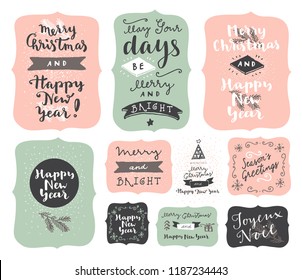 Set of Merry Christmas and Happy New Year vintage hand drawn logos, badges, quotes and phrases in pastel colors. For gift tags, postcards, posters. Modern calligraphic artwork in vector