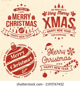 Set of Merry Christmas and Happy New Year stamp, sticker set with snowflakes, hanging christmas ball, santa hat, candy. Vector. Vintage typography design for xmas, new year emblem in retro style.