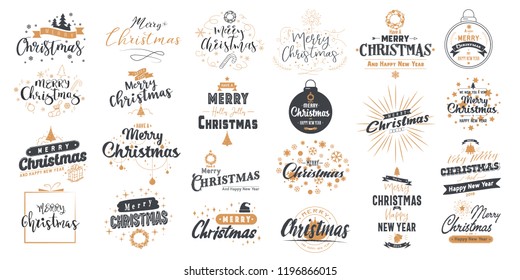 Set of Merry Christmas. Happy New Year with Typography design and Vector logo, emblems with text design can Usable for banners, greeting card