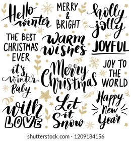 Set Merry Christmas and Happy New Year 2019 Vector hand drawn lettering phrases.