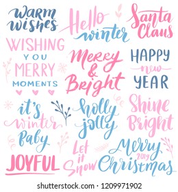 Set Merry Christmas and Happy New Year 2019 Vector hand drawn lettering phrases. Modern brush calligraphy for blogs and social media. Holidays quotes for photo overlays, greeting cards, posters.