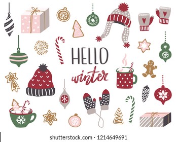 Set of Merry Christmas and Happy New Year elements. Cozy winter season.Vector illustration with christmas tree, car, toys, gingerbread, cup of hot chocolate, gifts, winter wool hat and mittens.