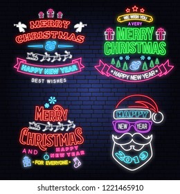 Set of Merry Christmas and Happy New Year neon sign with Santa Claus, snowflakes, angels, santa claus in sleigh with deer and christmas gifts. Vector. Neon design for xmas, new year emblem, signboard