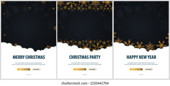 Set of Merry Christmas and Happy New Year banners. Dark background with gold snowflakes. Vector illustration