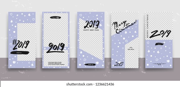 Set of Merry Christmas and Happy New Year Stories template. Streaming. Creative universal cards  in trendy style with Hand Drawn textures on transparent background for social media. Vector 