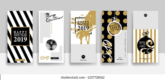 Set of Merry Christmas and Happy New Year template. Streaming. Creative universal Editable cards  in trendy style with Hand Drawn textures for social media promo.
Vector illustration