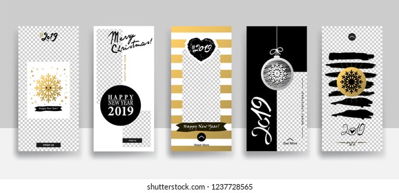 Set of Merry Christmas and Happy New Year template. Streaming. Creative universal Editable cards  in trendy style with Hand Drawn textures for social media promo.
Vector illustration