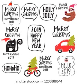 Set for merry christmas and happy new year 2019. Vector lettering illustrations for greeting card, stickers, t shirt, posters design.