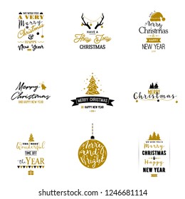 Set of Merry Christmas and Happy New Year card. Typography design for xmas and new year. Vector illustration.