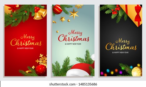 Set of Merry Christmas and Happy New Year design with fir branches, Santa Claus hat and jingle bells on background of different colors. Letterings can be used for posters, leaflets, announcements