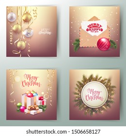Set of Merry Christmas and Happy New Year decorative postcard banners, decorative traditional elements, baubles, gift boxes, fir branches, vector illustration