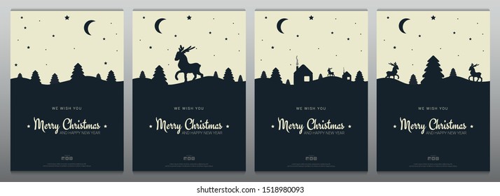 Set of Merry Christmas and Happy New Year greeting cards. Winter landscape with Trees, deer and stars