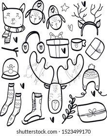 set Merry Christmas or Happy New 2020 Year template traditional winter elements. Cute hand drawn in scandinavian style. Vector background.Isolated vector elements, design stickers, poster, invation, 